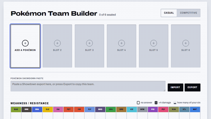 Screen recording: a Pokémon is searched for, seated in slot one, and the Weakness and Resistance strip below fills in the columns the team is now exposed to.