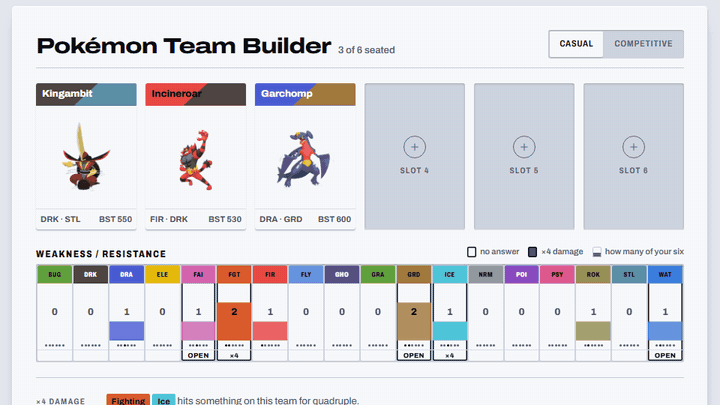 Screen recording: the pkmnlab builder is switched from Casual to Competitive, and the seated Pokemon grow ability, item, nature, effort value and move controls along with a Regulation M-B legality line.